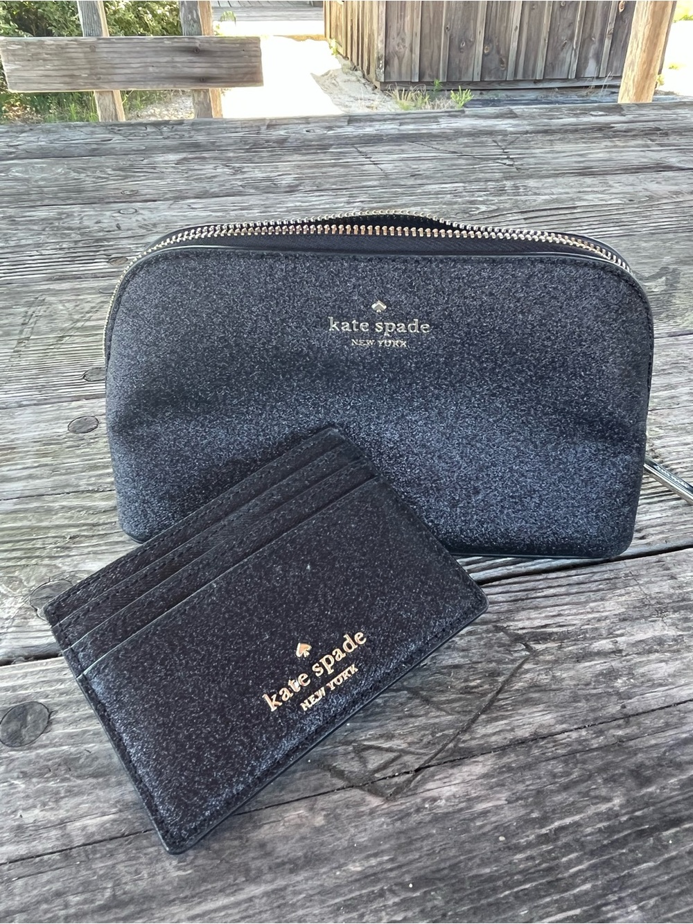 kate spade Black Glitter Cosmetic Pouch & Card Holder Set never used,